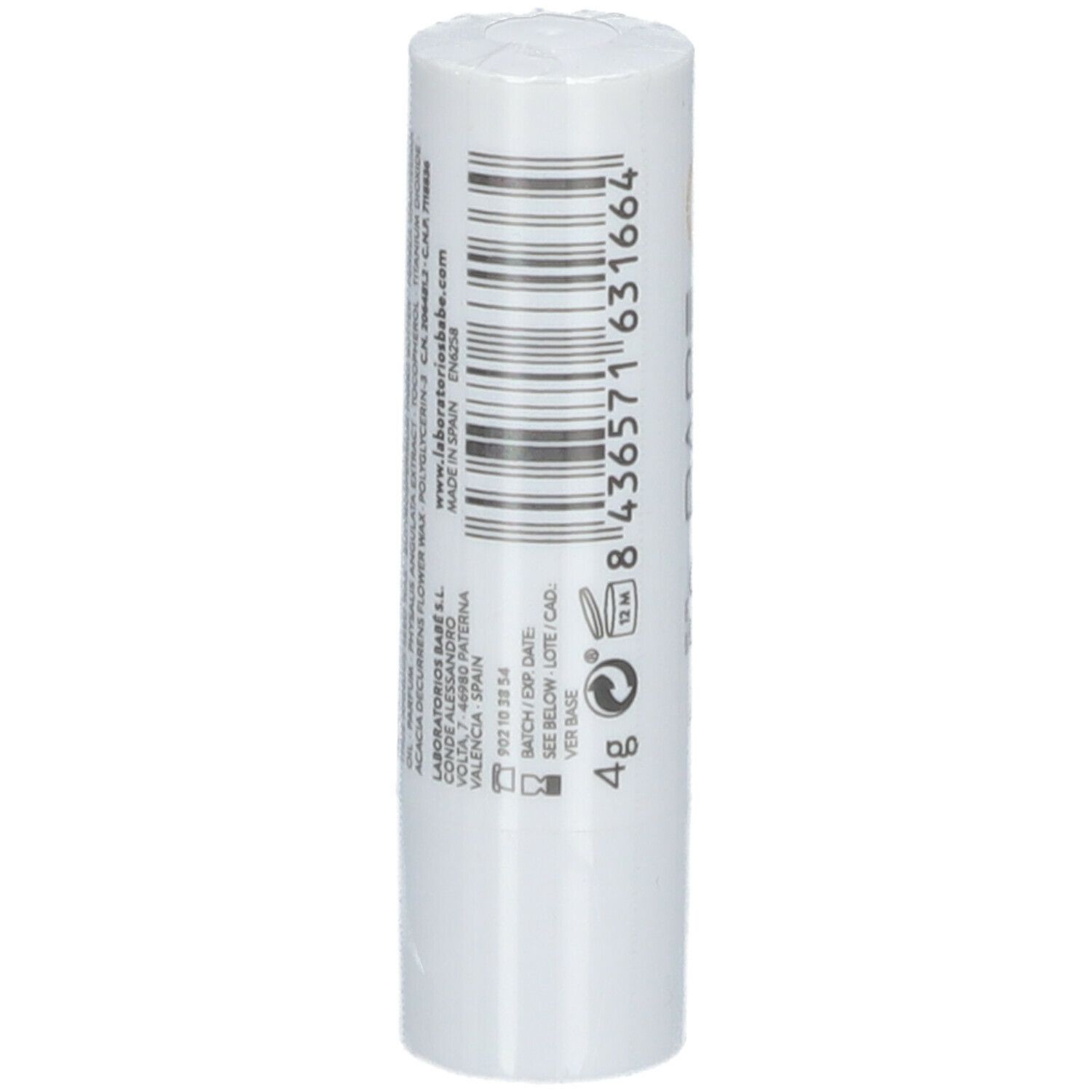 Stick de protection lèvres blanc avec code-barres, texte et informations de composition. 4g.