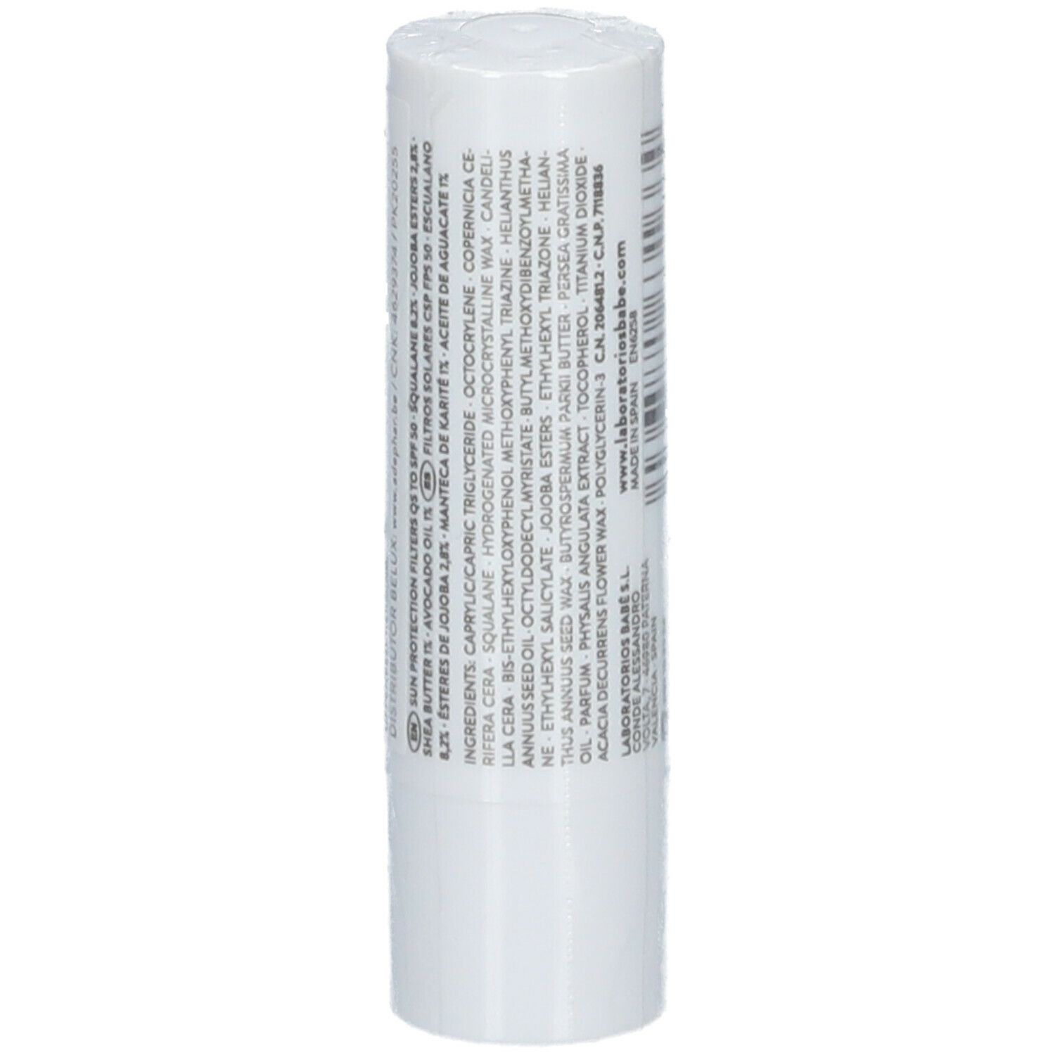 Stick de protection lèvres blanc avec texte sur la composition et informations du fabricant.