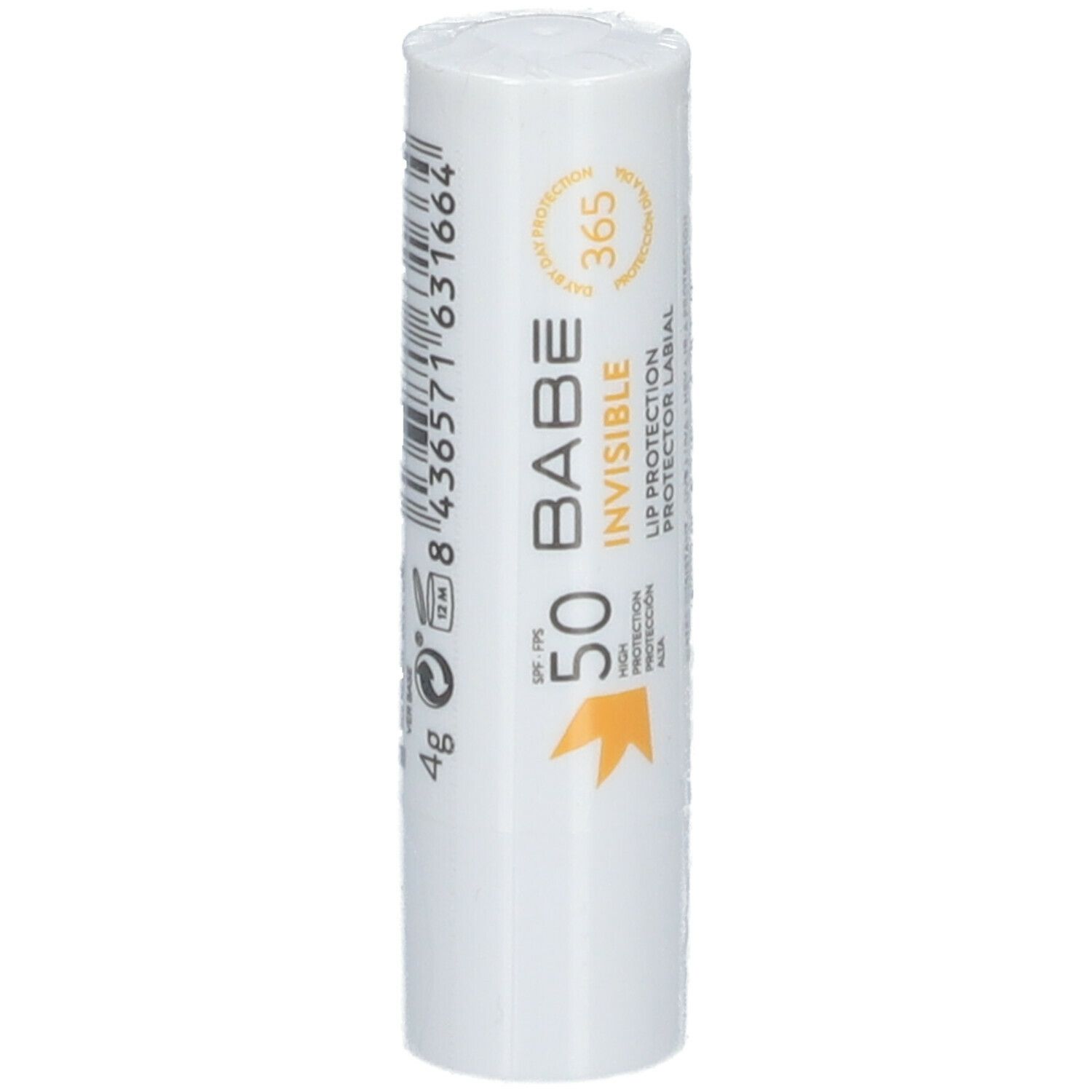 Stick de protection lèvres blanc avec texte BABÉ Invisible Lip Protection SPF50. Graphique et texte jaunes.