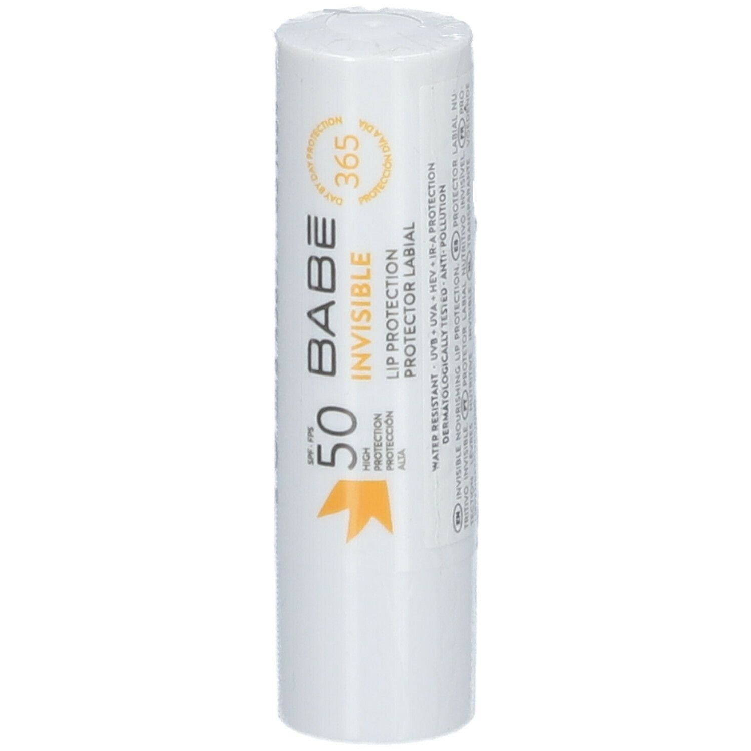 Stick de protection lèvres blanc avec texte BABÉ Invisible Lip Protection SPF50. Graphique et texte jaunes.