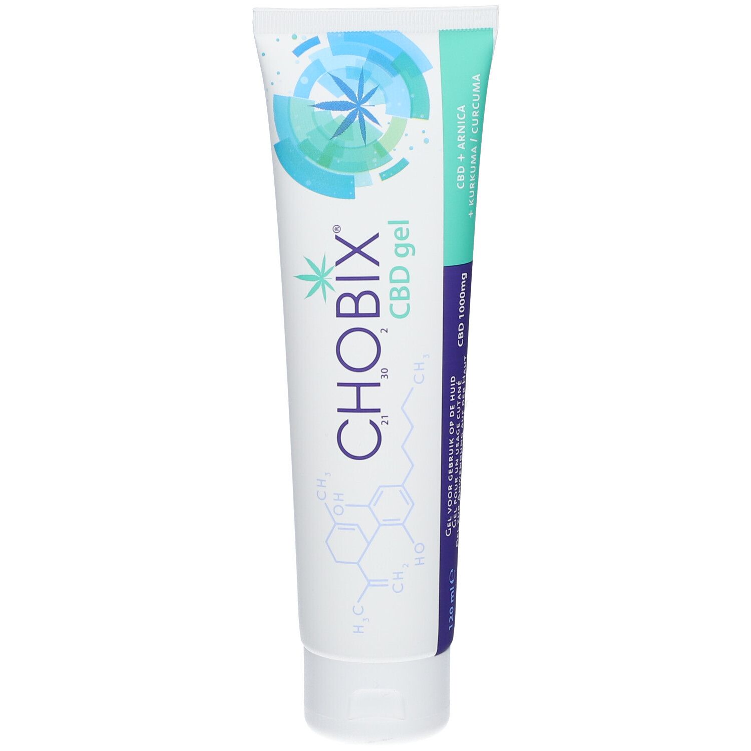 Tube blanche avec éléments graphiques bleus et verts. Inscriptions: CHOBIX CBD gel, CBD 1000mg, CBD + Arnica + Curcuma.
