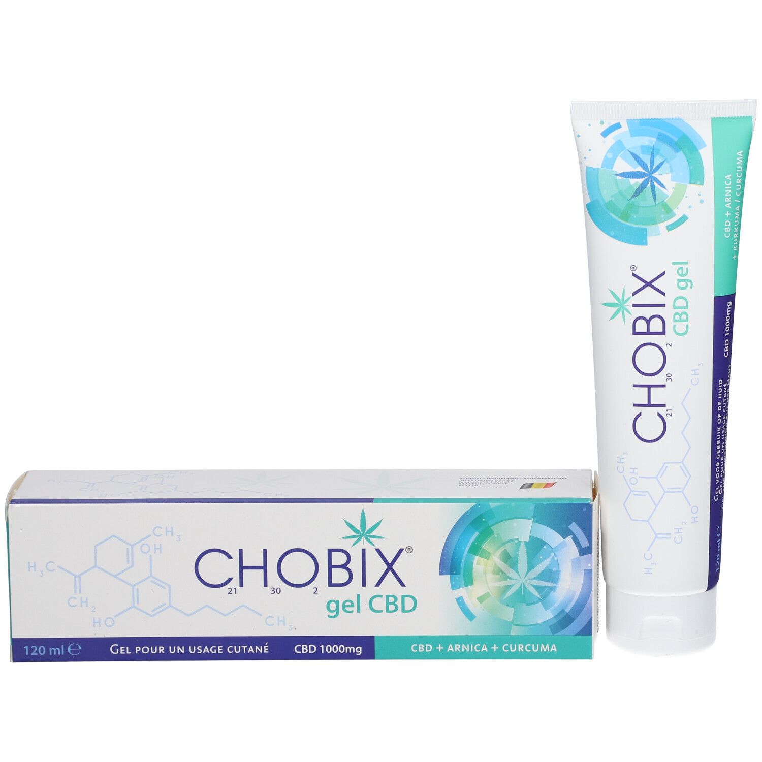 Emballage et tube. Emballage: boîte rectangulaire avec nom du produit et informations. Tube: blanc, éléments bleus et verts.