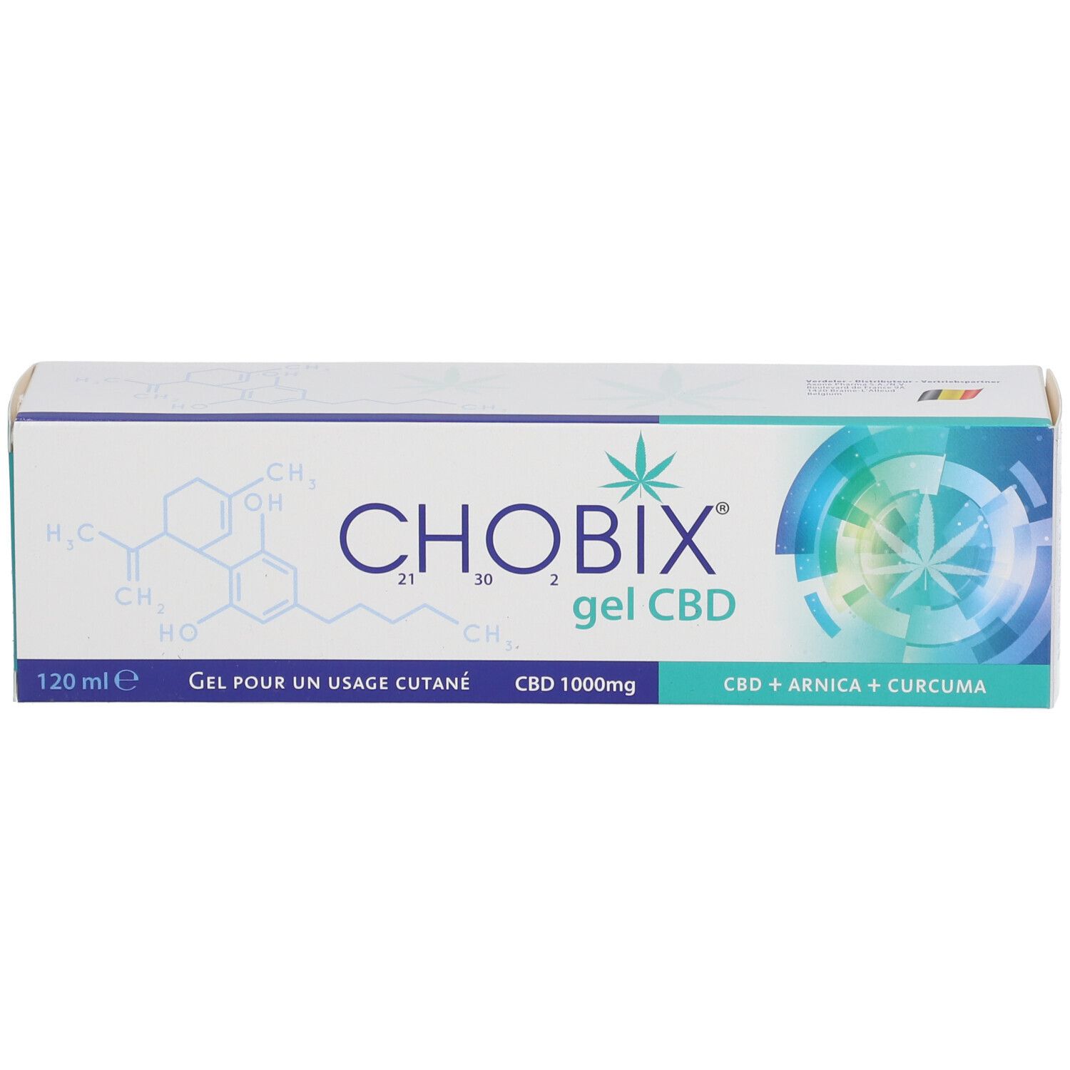 Emballage rectangulaire. Inscriptions: CHOBIX gel CBD, CBD 1000mg, CBD + Arnica + Curcuma. 120 ml.
