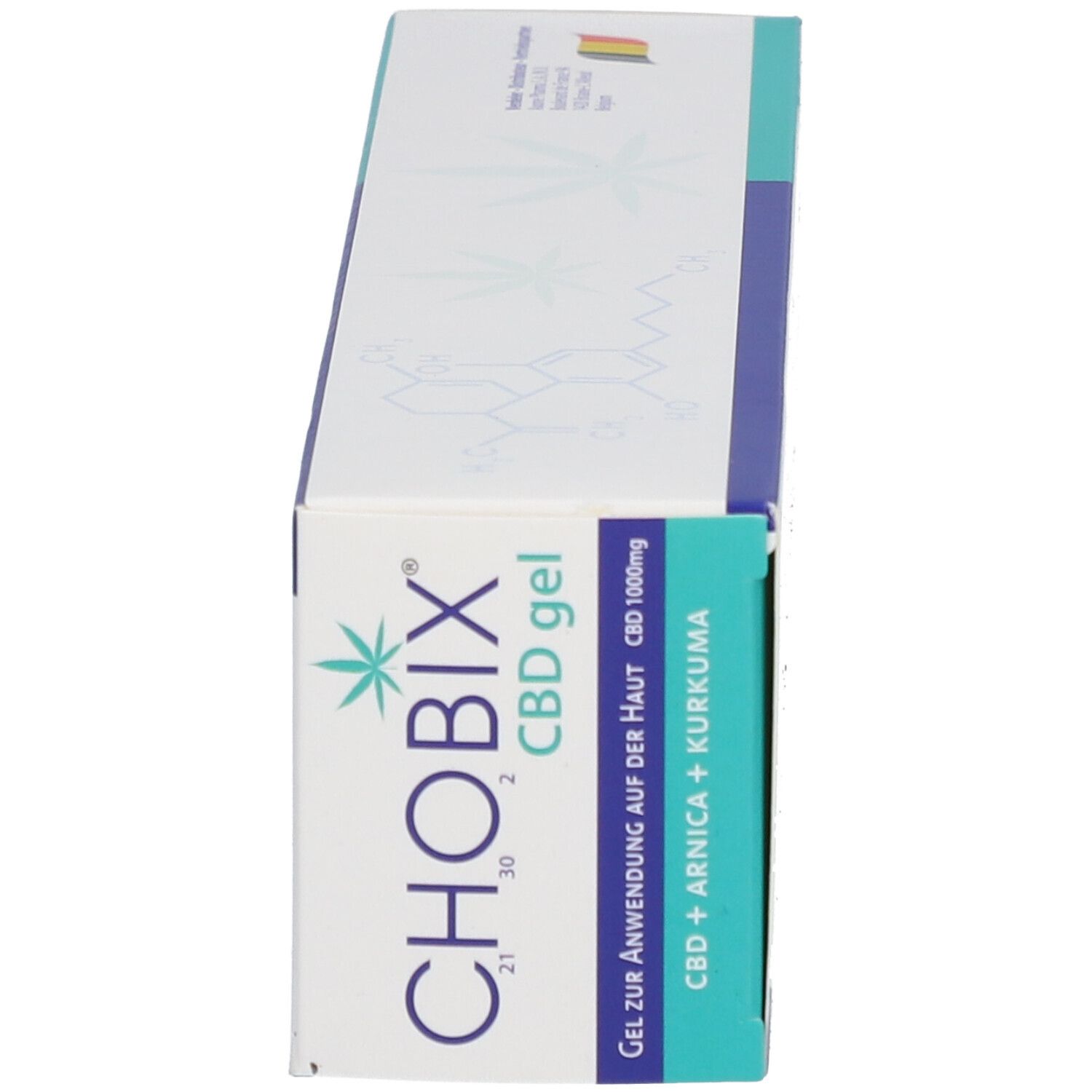 Vue latérale de l'emballage. Inscriptions: CHOBIX gel CBD, CBD 1000mg, CBD + Arnica + Curcuma. Texte en allemand.