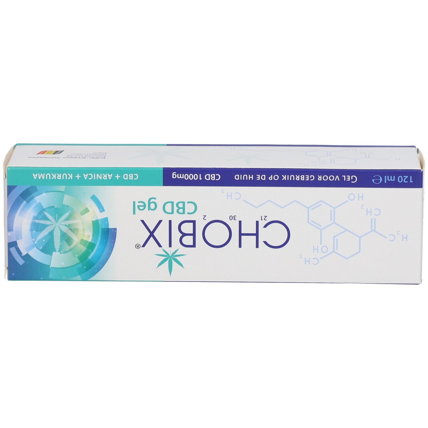 Emballage rectangulaire. Inscriptions: CHOBIX gel CBD, CBD 1000mg, CBD + Arnica + Curcuma. 120 ml. Texte en néerlandais.