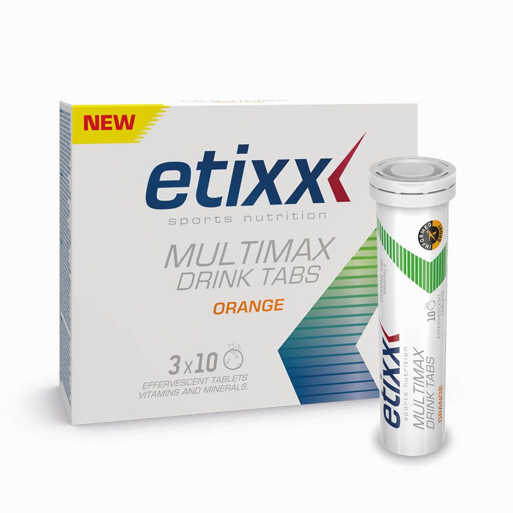 Etixx Multimax Drink Tabs Orange verpakking en tube. Wit, geel en groen. 3x10 tabletten.