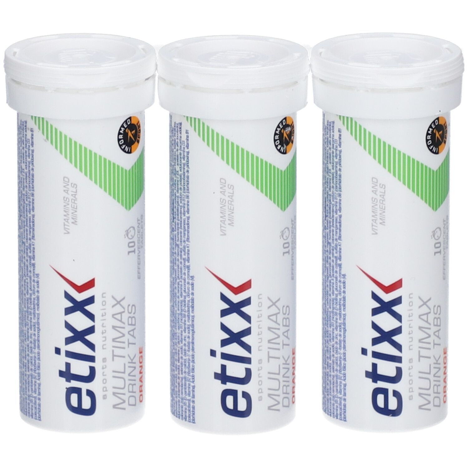 Drie witte tubes Etixx Multimax Drink Tabs Orange. Groen-witte strepen en logo. 10 tabletten.