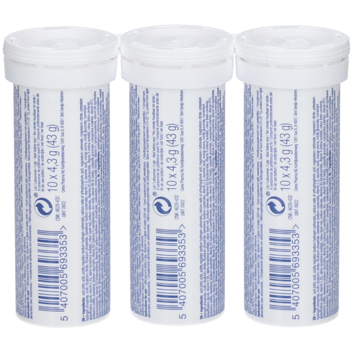 Drie witte tubes Etixx Multimax Drink Tabs Orange. Achterkant met tekst en barcode. 10 tabletten.