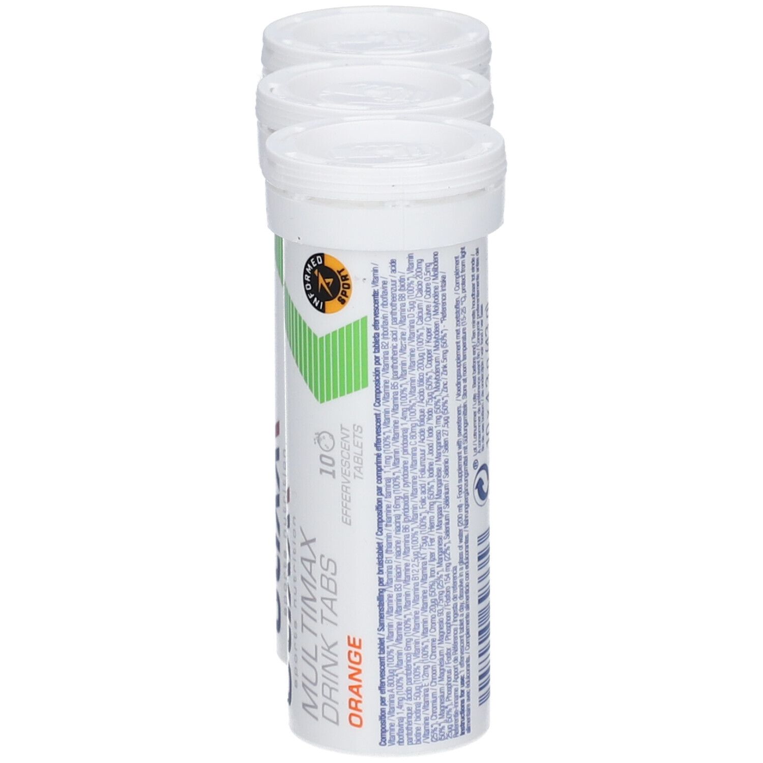 Een witte tube Etixx Multimax Drink Tabs Orange. Groen-witte strepen, logo en tekst. 10 tabletten.