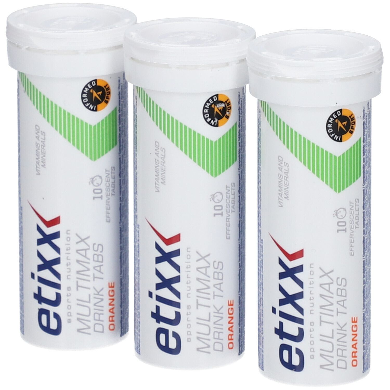 Drie witte tubes Etixx Multimax Drink Tabs Orange. Groen-witte strepen, logo en tekst. 10 tabletten.