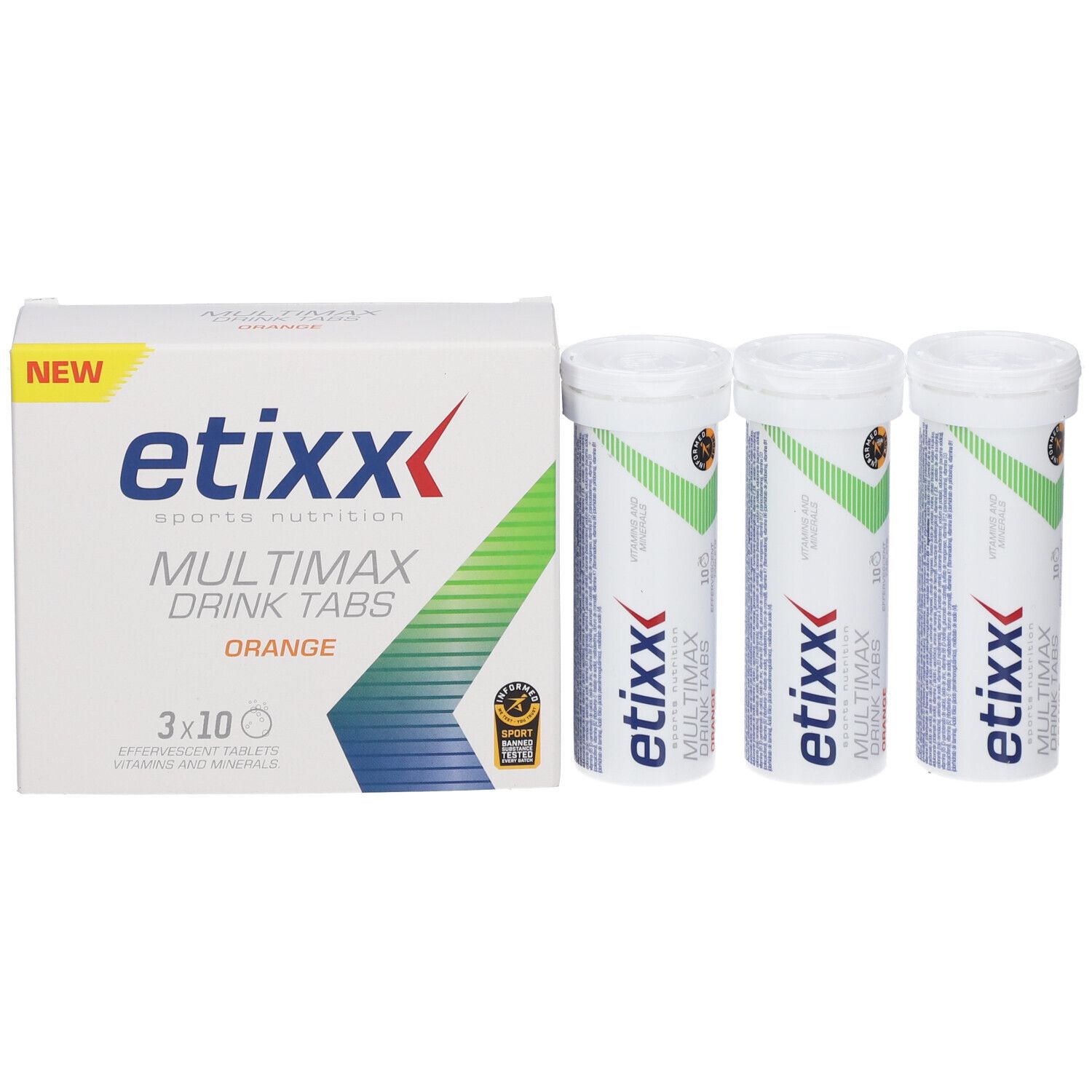 Etixx Multimax Drink Tabs Orange verpakking en drie tubes. Wit, geel en groen. 3x10 tabletten.