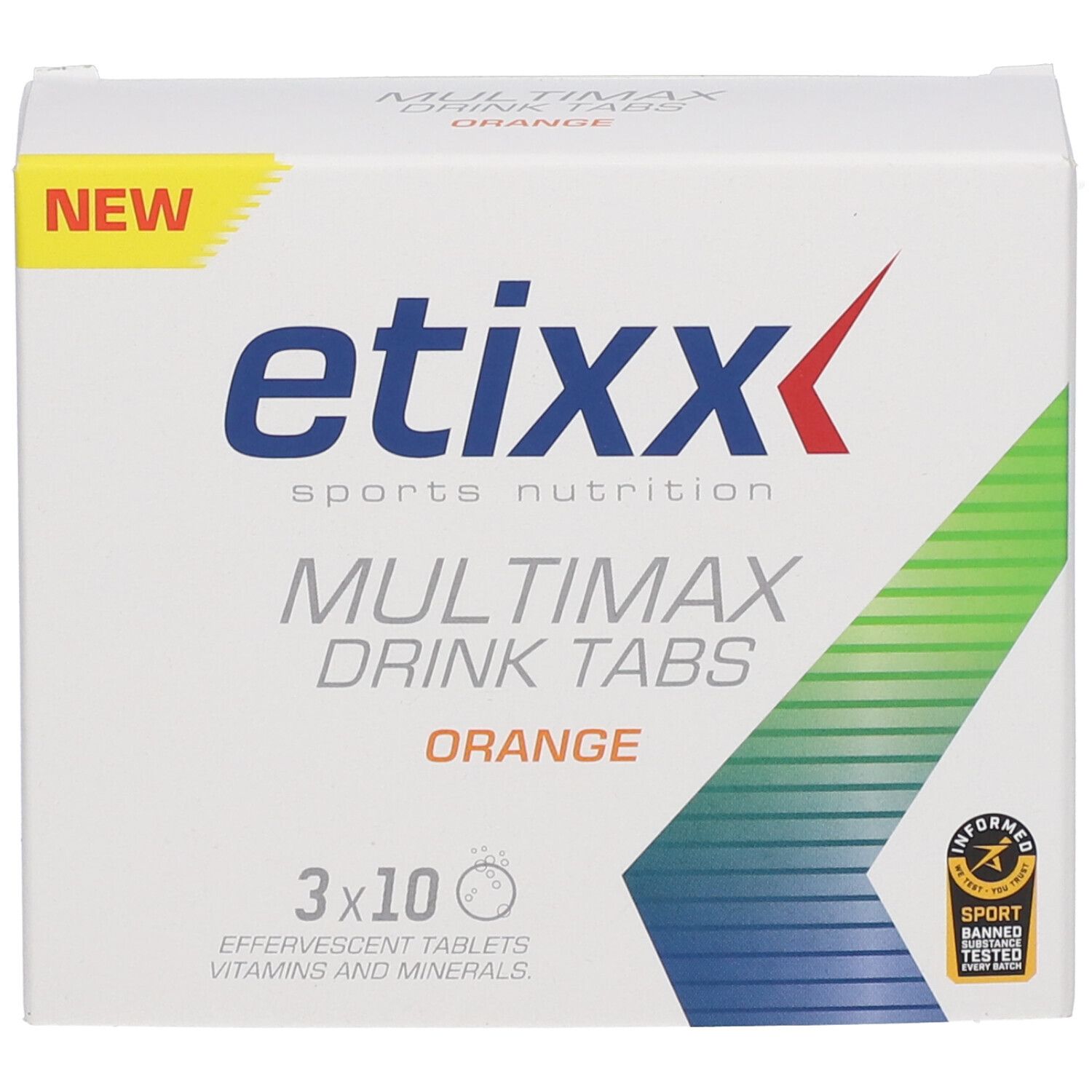 Etixx Multimax Drink Tabs Orange verpakking. Wit, geel en groen. 3x10 tabletten. Logo en tekst.