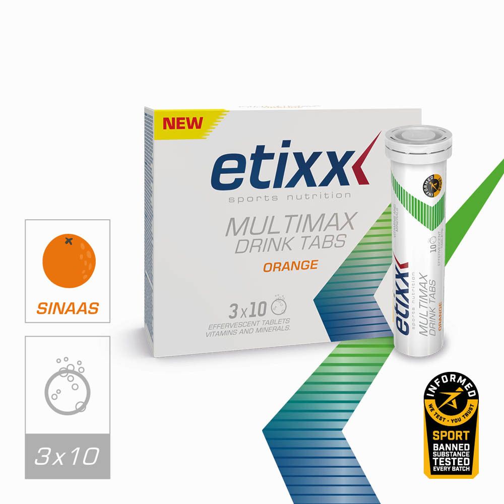 Etixx Multimax Drink Tabs Orange tube met tekst en diagram. Wit, groen en geel. 10 tabletten.