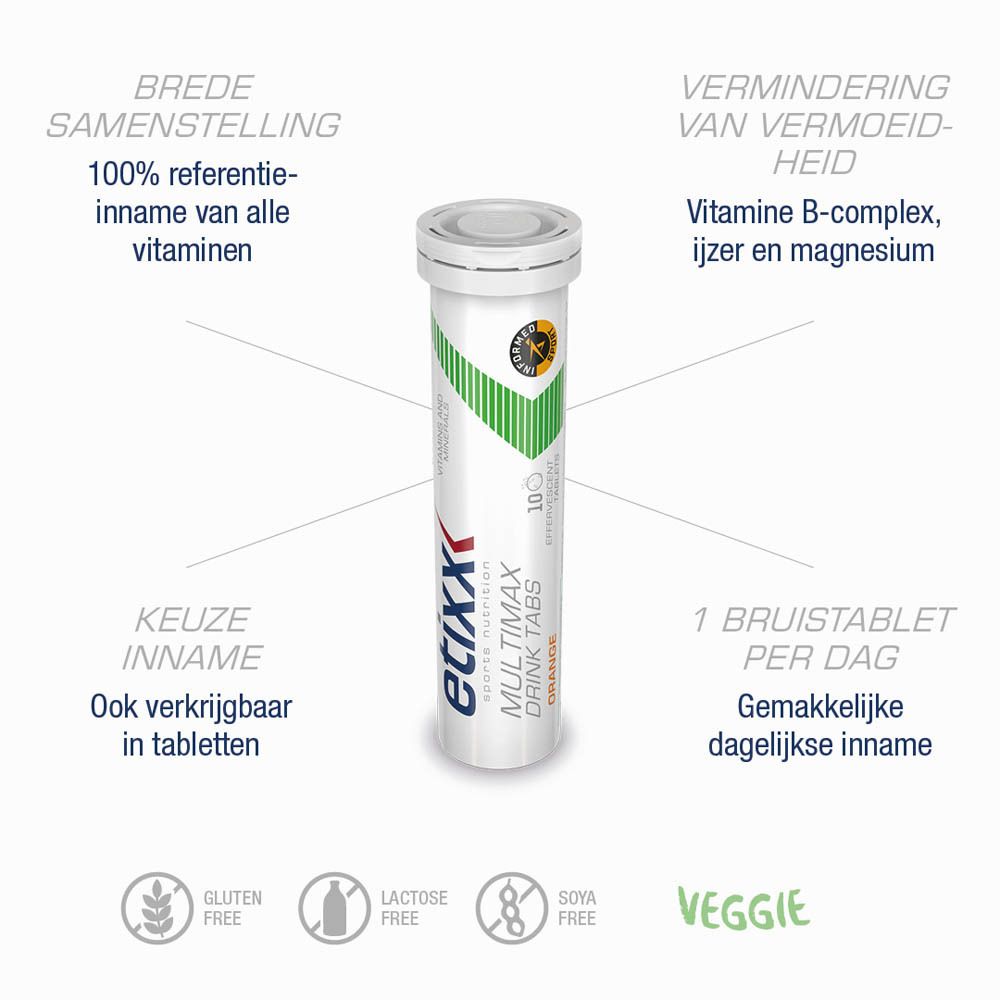 Etixx Multimax Drink Tabs Orange, tekst en diagram. Wit, groen en geel. Glutenvrij, lactosevrij.