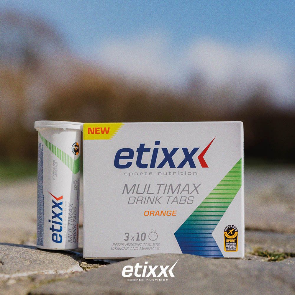 Etixx Multimax Drink Tabs Orange verpakking en tube. Wit, geel en groen. 3x10 tabletten.