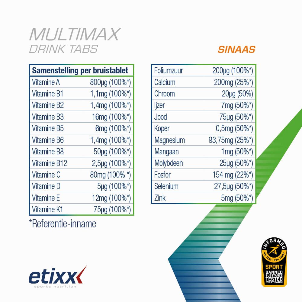 Etixx Multimax Drink Tabs Orange verpakking en tube. Wit, geel en groen. 3x10 tabletten.