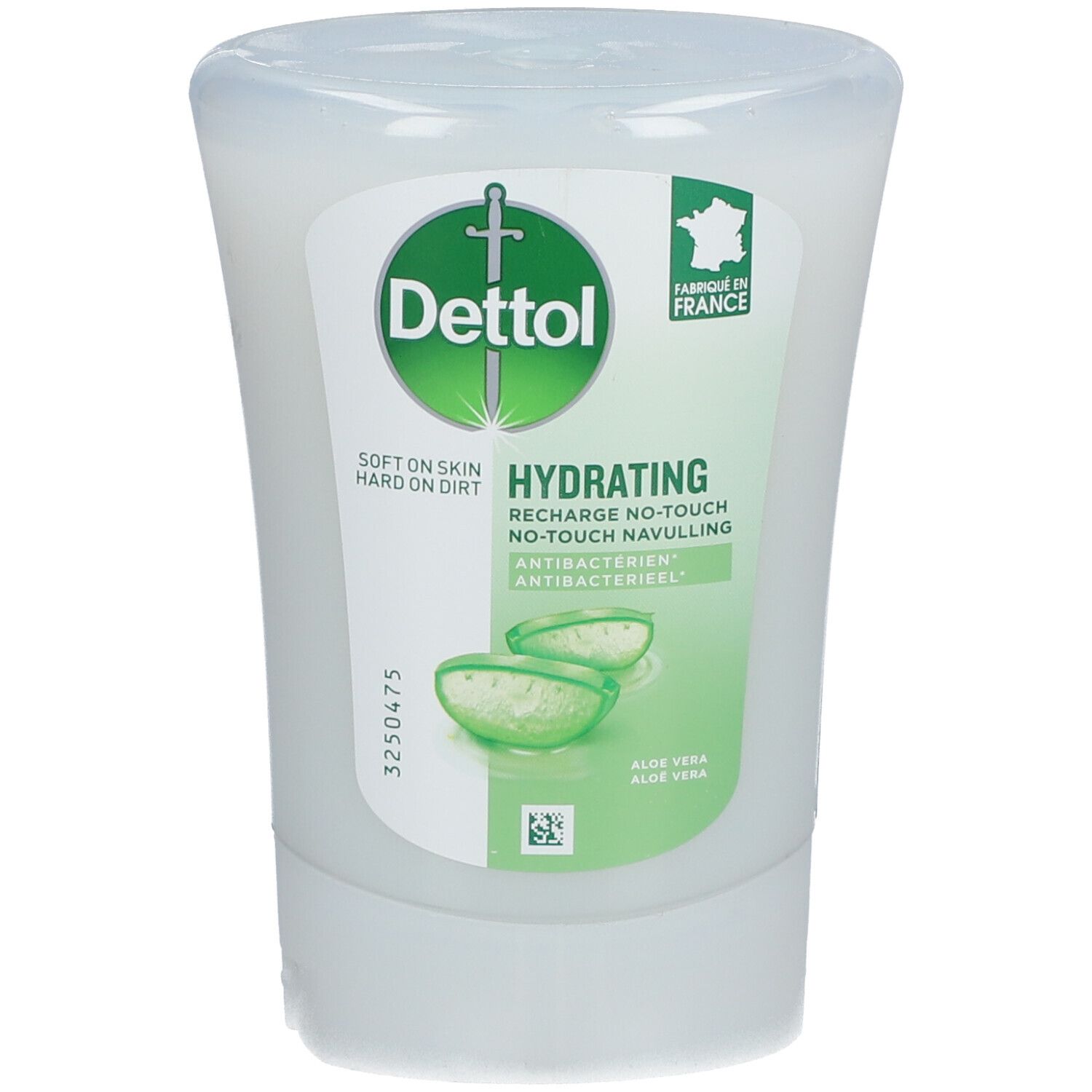 Dettol Hydrating Recharge. Witte, doorschijnende fles met groen etiket. Aloë vera-motief. Tekst: Hydrating, Antibactérien.