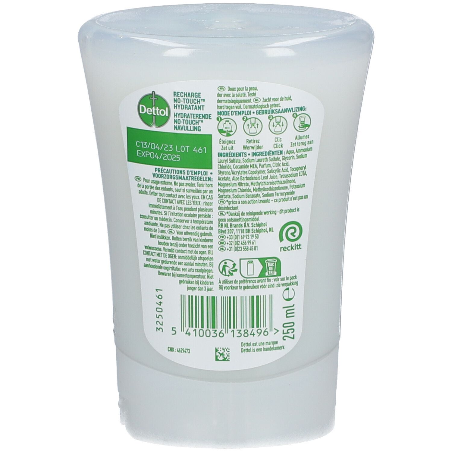 Achterkant van de Dettol Hydrating Recharge-fles. Tekst en symbolen. Ingrediënten, houdbaarheid, fabrikantinfo. 250 ml.