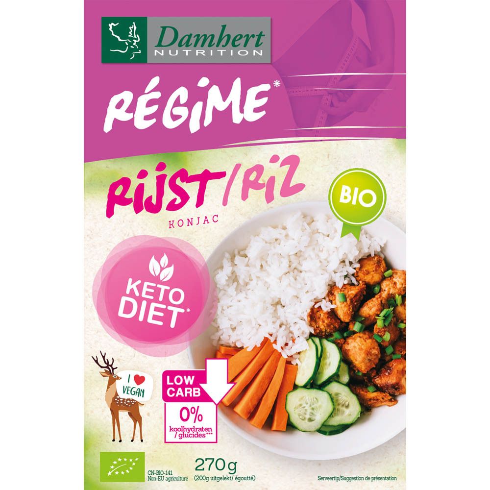Reisverpackung. Aufschrift: Régime, Rijst/Riz Konjac, Keto Diet, Bio. Abbildung von Reis und Gemüse. 0% Kohlenhydrate.