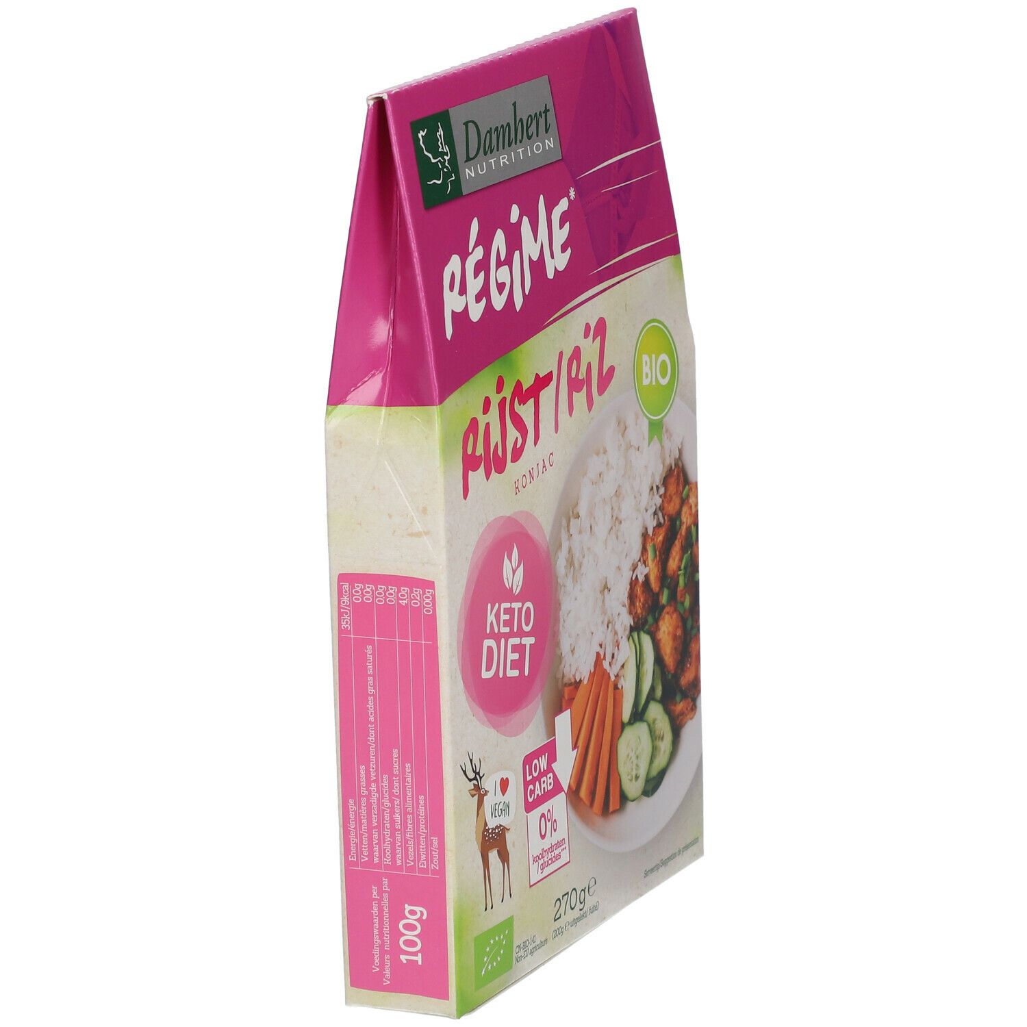 Schrägansicht der Reisverpackung. Aufschrift: Régime, Rijst/Riz Konjac, Keto Diet, Bio. 270g. Seite mit Nährwertangaben.