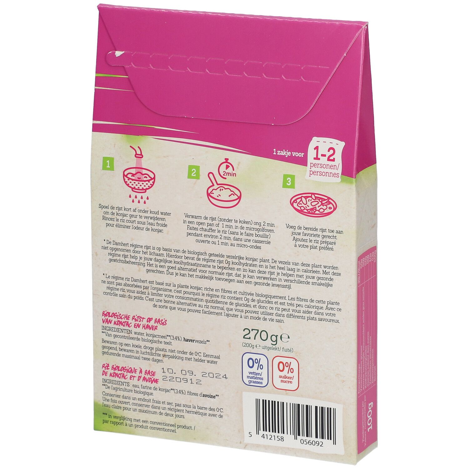 Rückseite der Reisverpackung. Anweisungen zur Zubereitung. Angaben zu Inhaltsstoffen und Nährwerten. 270g. Haltbarkeitsdatum.
