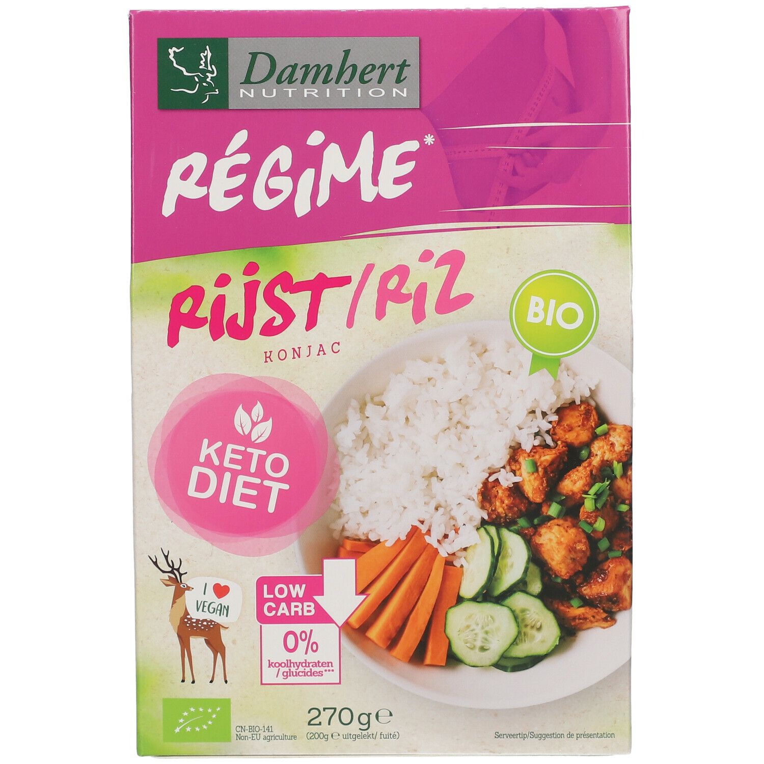 Reisverpackung. Aufschrift: Régime, Rijst/Riz Konjac, Keto Diet, Bio. Abbildung von Reis und Gemüse. 0% Kohlenhydrate.