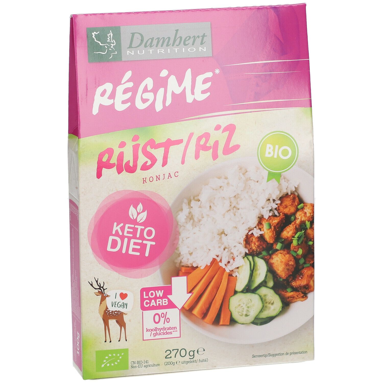 Reisverpackung. Aufschrift: Régime, Rijst/Riz Konjac, Keto Diet, Bio. Abbildung von Reis und Gemüse. 0% Kohlenhydrate.