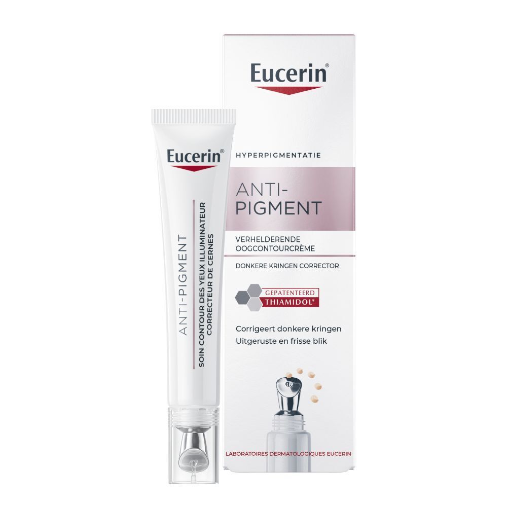 Eucerin Anti-Pigment contour des yeux. Tube et emballage. Texte: Anti-Pigment.