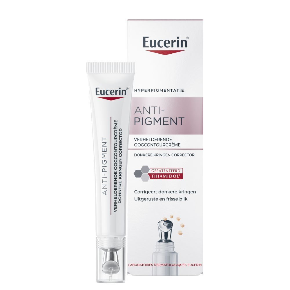 Eucerin Anti-Pigment oogcontourcrème. Tube en verpakking. Tekst: Anti-Pigment.