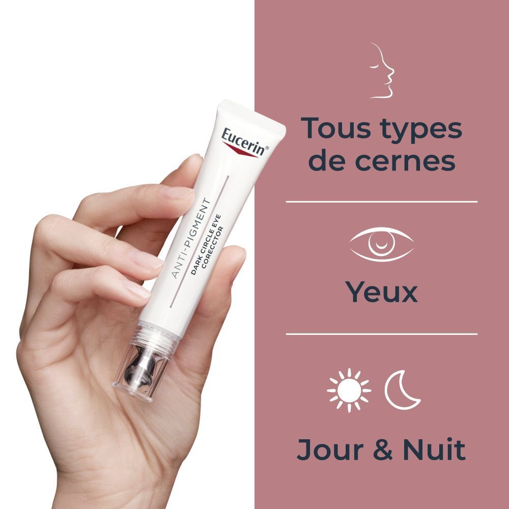 Main tenant un tube. Texte: Tous types de cernes, Jour & Nuit.