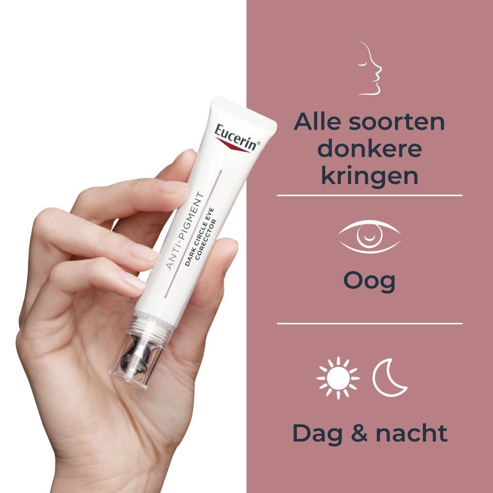 Hand houdt tube vast. Tekst: Alle soorten donkere kringen, Dag & nacht.
