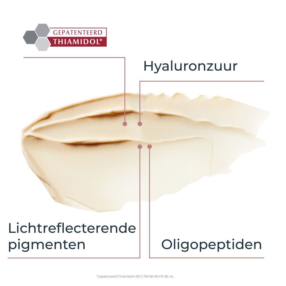 Crèmetextuur. Tekst: Hyaluronzuur, Lichtreflecterende pigmenten, Oligopeptiden.