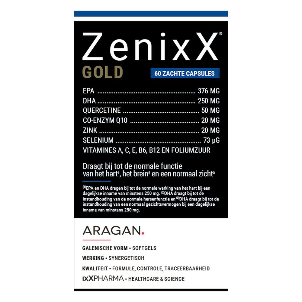 ZenixX GOLD verpakking. Opschrift: 60 capsules. Ingrediënten en tekst in het Frans, Nederlands en Duits.