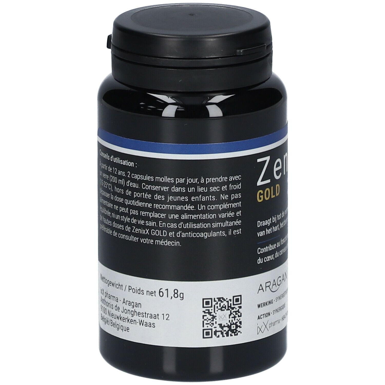 Zwarte fles ZenixX GOLD. Opschriften in het Frans, Nederlands en Duits. QR-code en adres. Zwarte dop.