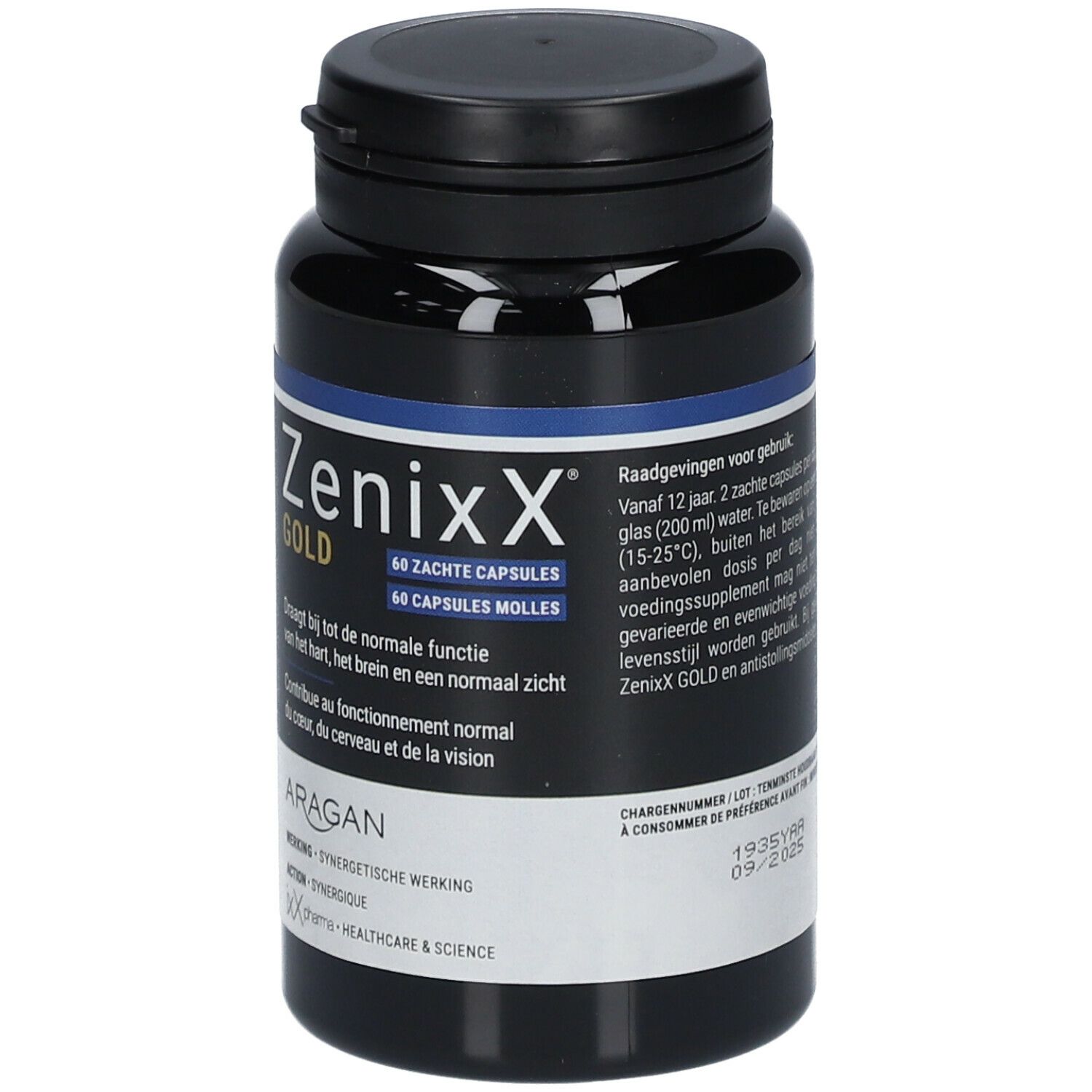 Zwarte fles ZenixX GOLD, 60 capsules. Opschriften in het Frans, Nederlands en Duits. Blauwe band. Zwarte dop.