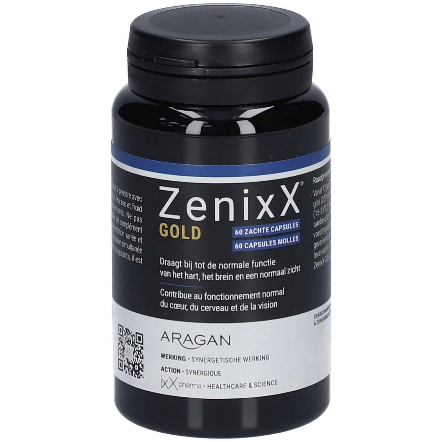 Zwarte fles ZenixX GOLD, 60 capsules. Opschriften in het Frans, Nederlands en Duits. Blauwe band. Zwarte dop.