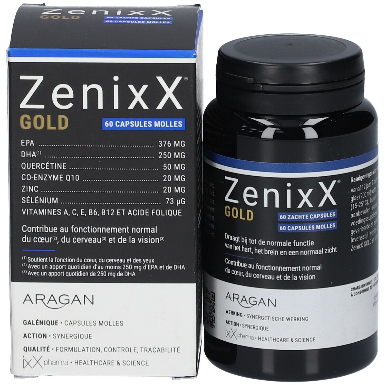 ZenixX GOLD verpakking en fles. Opschrift: 60 capsules. Ingrediënten en tekst in het Frans, Nederlands en Duits.