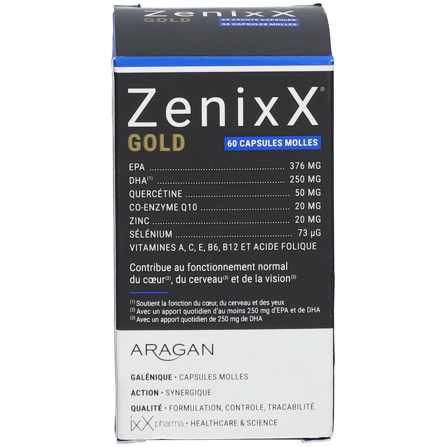 ZenixX GOLD verpakking. Opschrift: 60 capsules. Ingrediënten en tekst in het Frans, Nederlands en Duits.