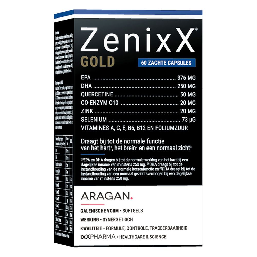 Boîte ZenixX GOLD. Inscription : 60 capsules. Ingrédients et texte en français, néerlandais et allemand.