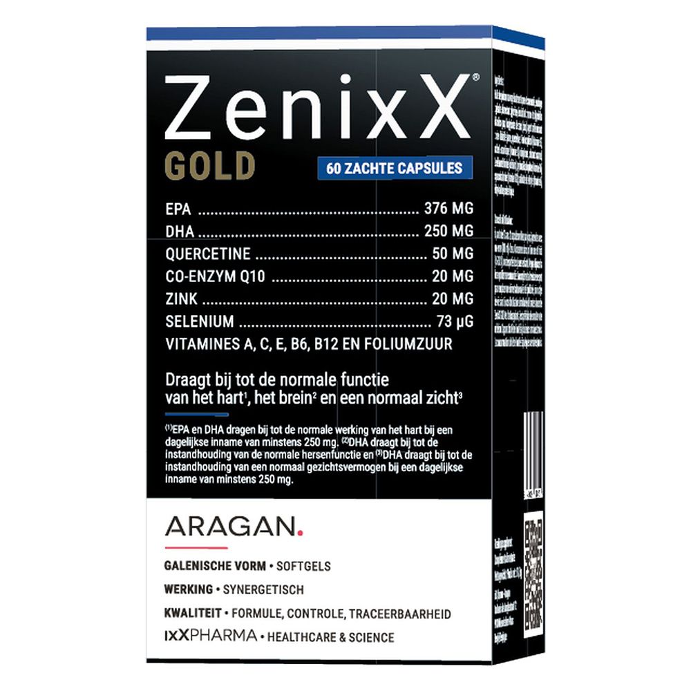 ZenixX GOLD verpakking. Opschrift: 60 capsules. Ingrediënten en tekst in het Frans, Nederlands en Duits.