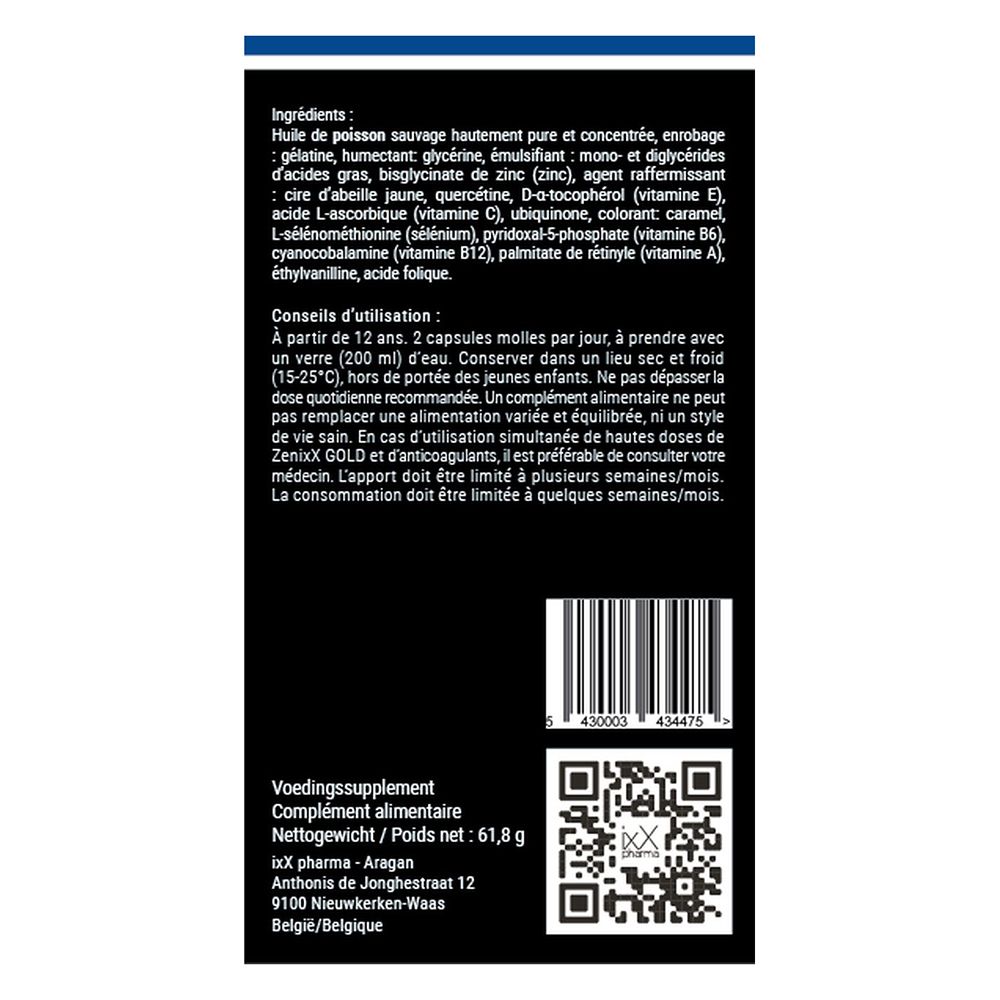 Boîte ZenixX GOLD. Inscription : 60 capsules. Ingrédients et texte en français, néerlandais et allemand.