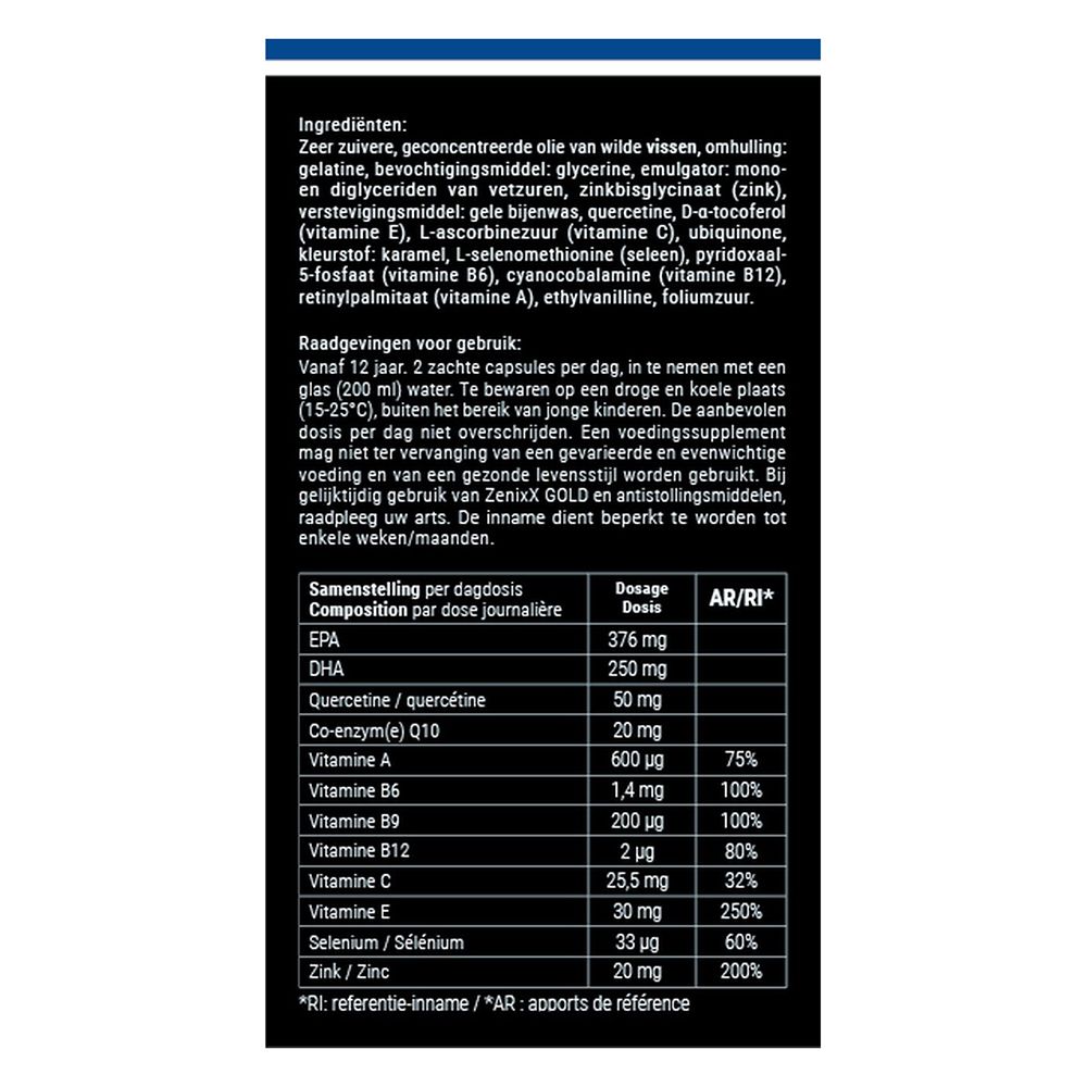 ZenixX GOLD verpakking. Opschrift: 60 capsules. Ingrediënten en tekst in het Frans, Nederlands en Duits.