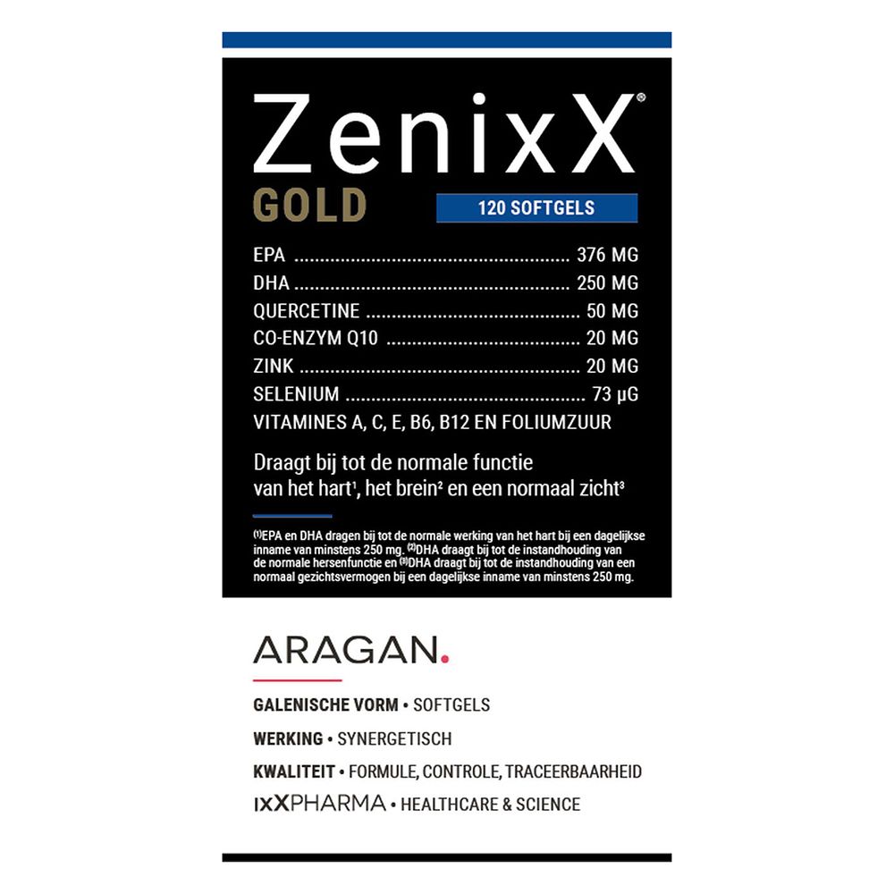 Verpakking. Opschrift: ZenixX Gold, 120 Softgels. Ingrediënten en informatie.