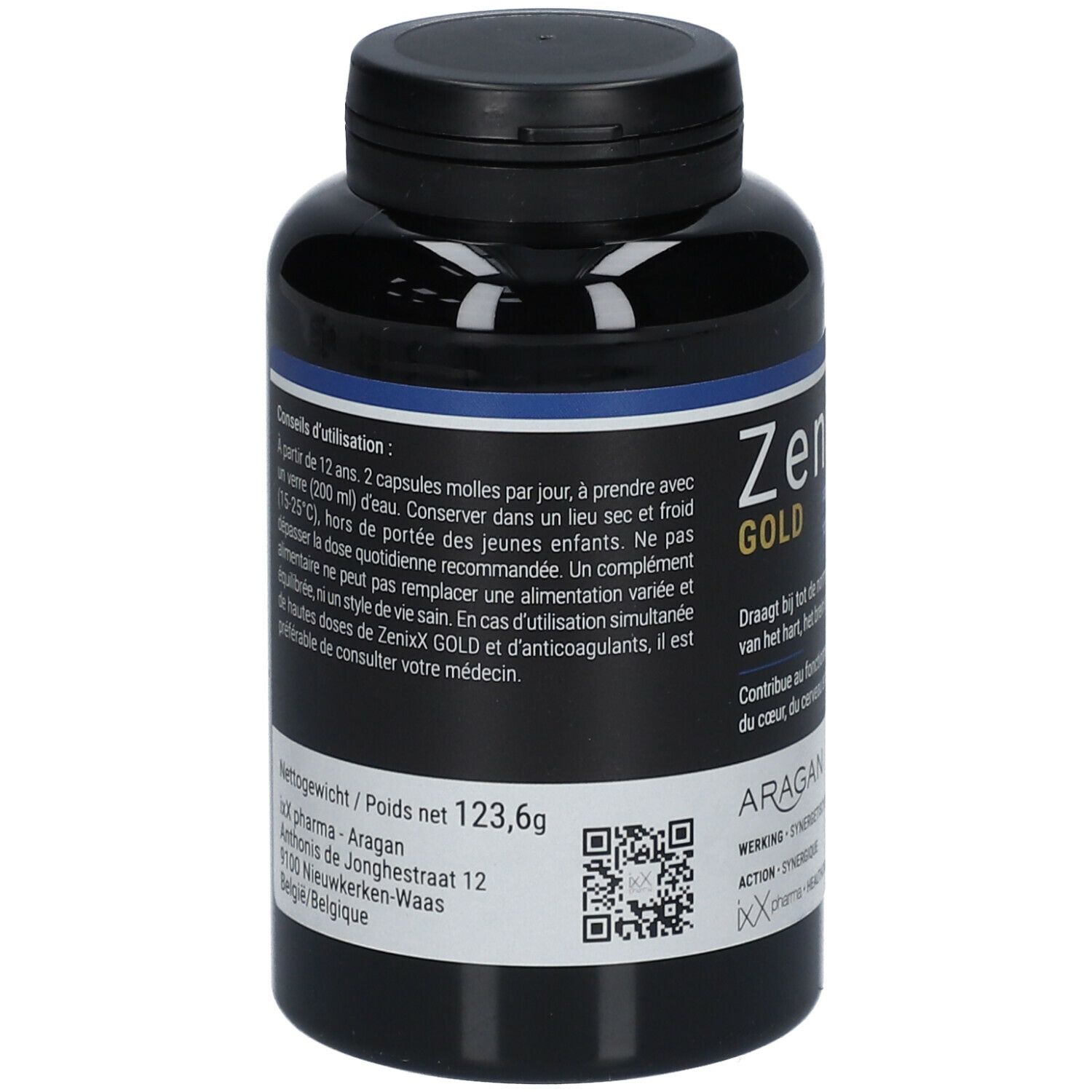 Zwarte fles met blauw etiket. Opschrift: ZenixX Gold. Achterkant met info, QR-code en gewicht.