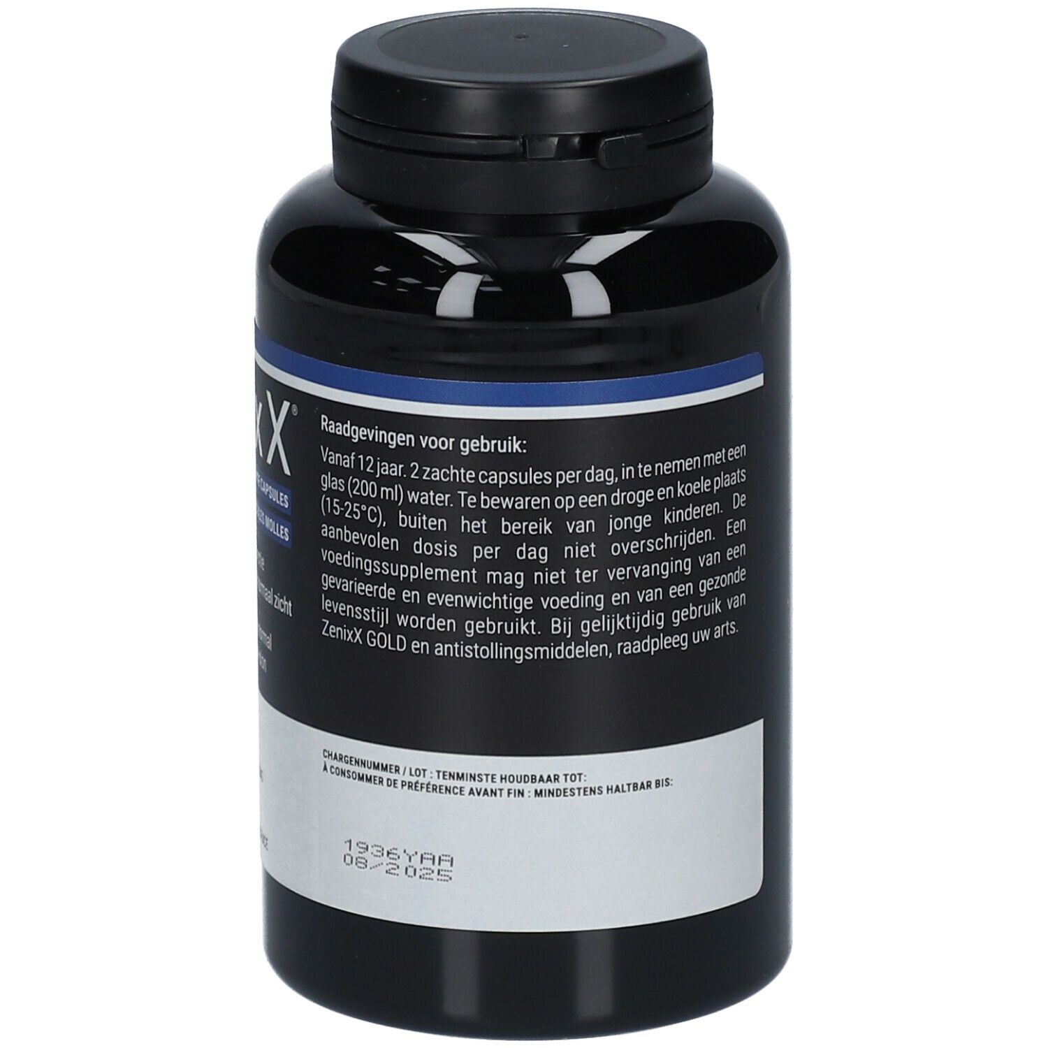 Zwarte fles met blauw etiket. Opschrift: ZenixX Gold. Achterkant met informatie.