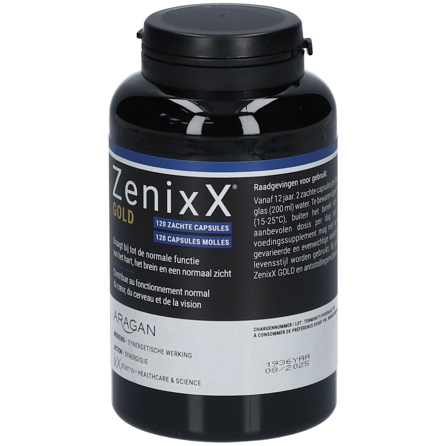 Zwarte fles met blauw etiket. Opschrift: ZenixX Gold, 120 Zachte Capsules. QR-code en andere informatie.