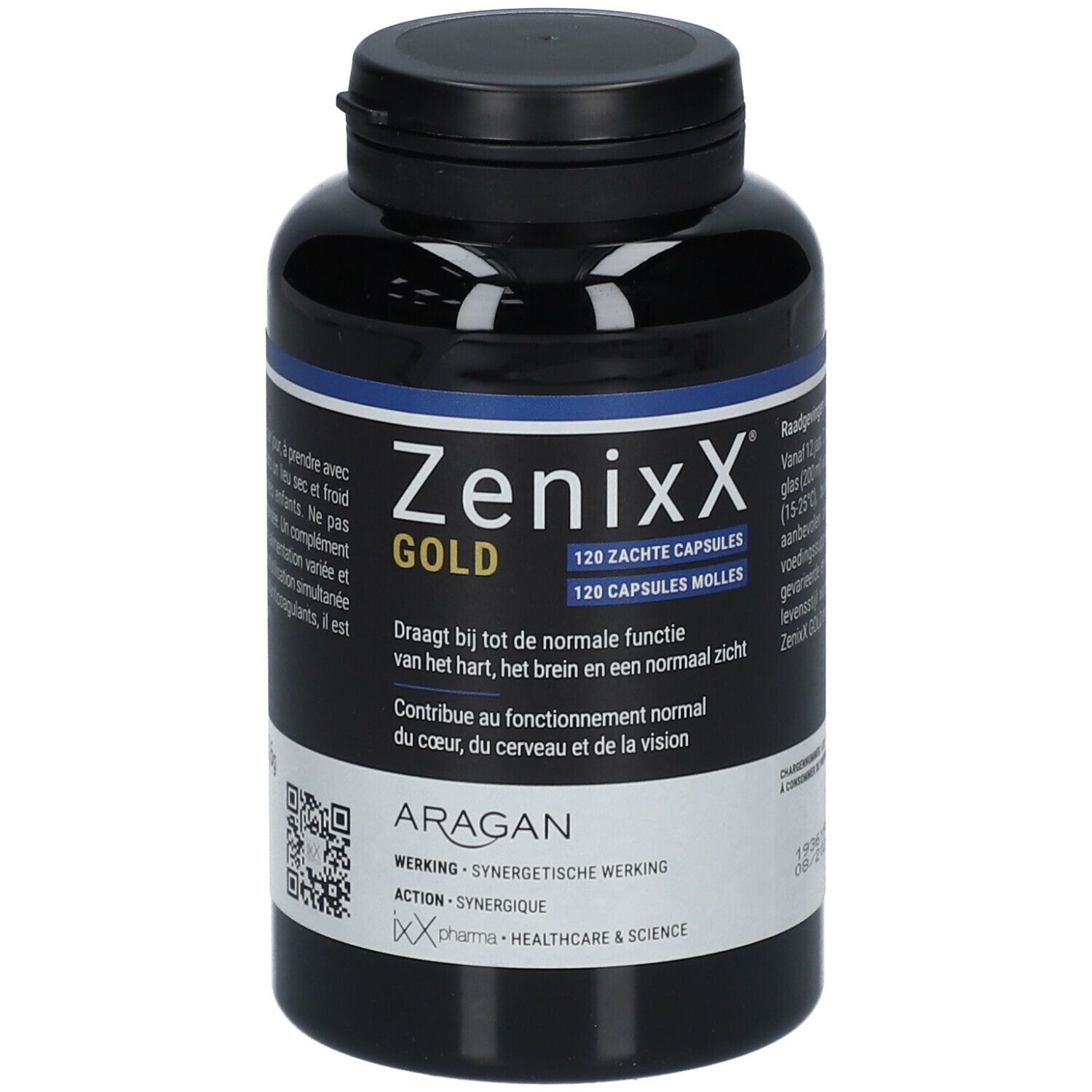 Zwarte fles met blauw etiket. Opschrift: ZenixX Gold, 120 Zachte Capsules. QR-code en andere informatie.