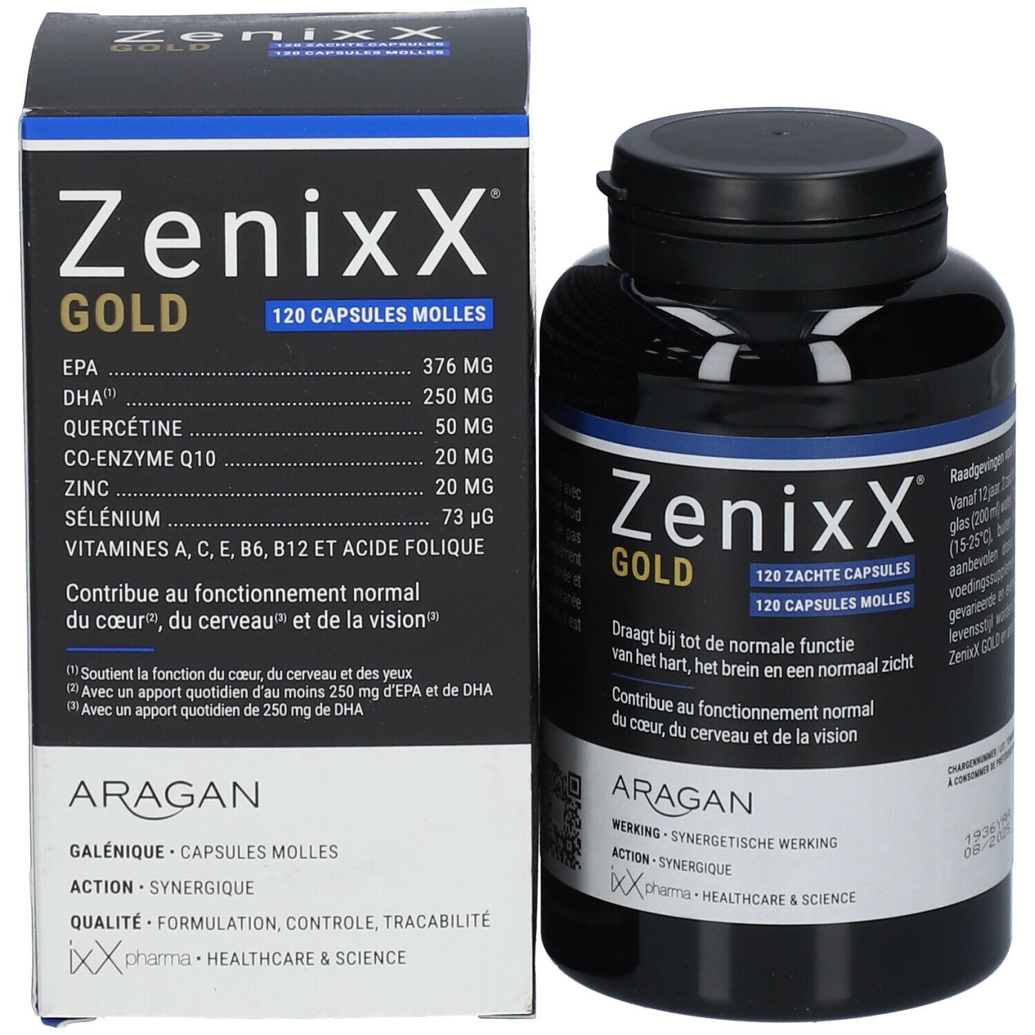 Verpakking en fles. Opschrift: ZenixX Gold, 120 Capsules molles. Ingrediënten en informatie.