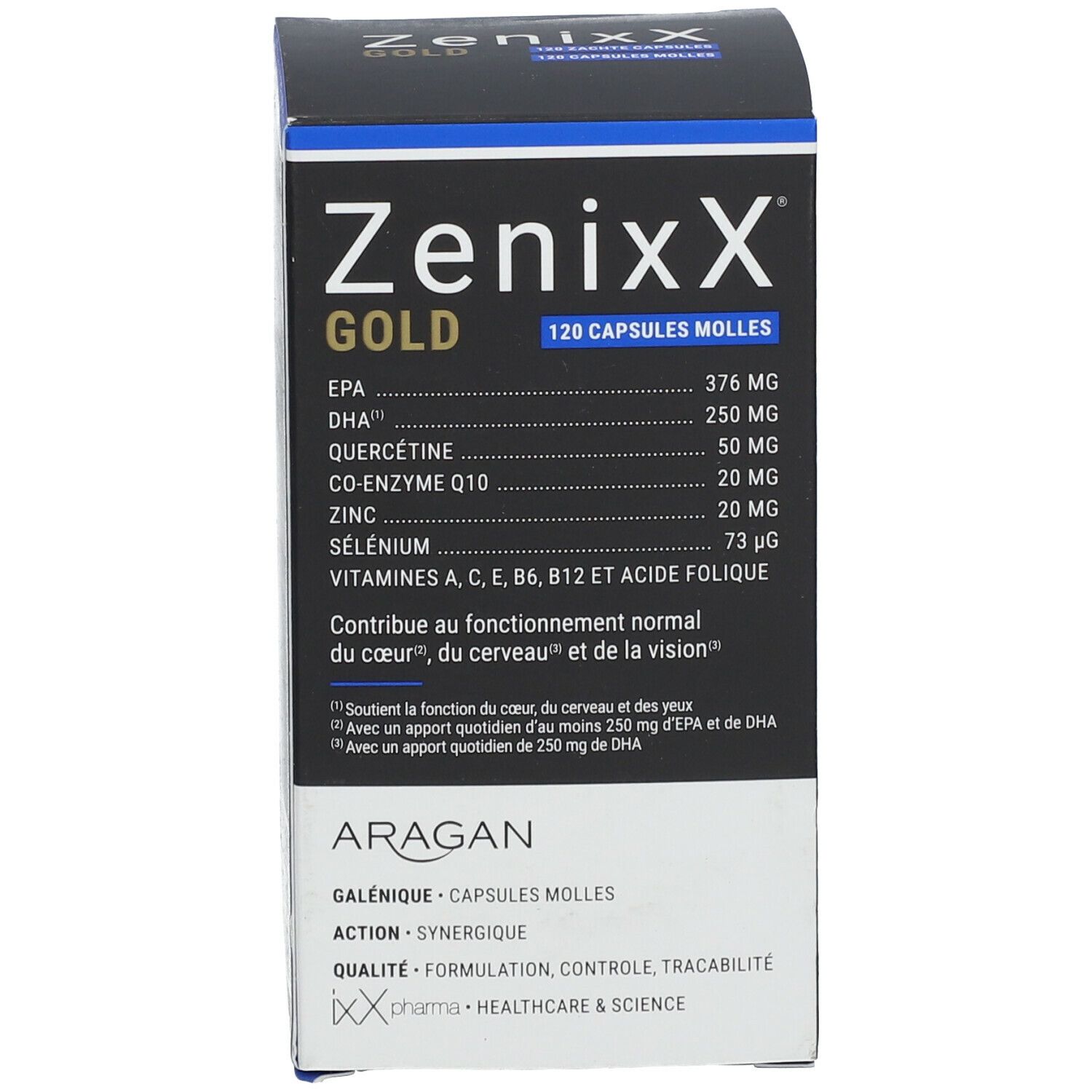 Verpakking. Opschrift: ZenixX Gold, 120 Capsules molles. Ingrediënten en informatie.