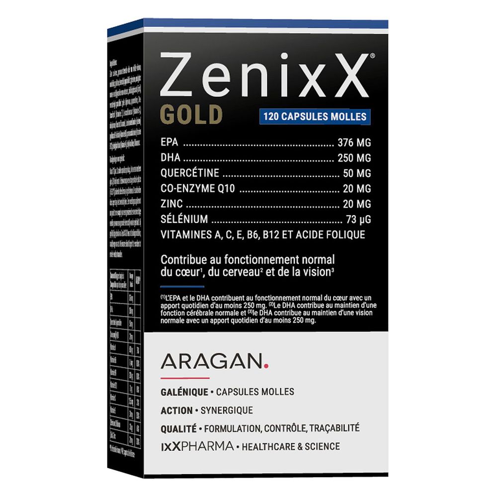 Emballage. Inscription: ZenixX Gold, 120 Capsules molles. Ingrédients et informations.